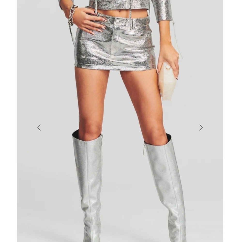 Retrofete Nico Silver Metallic Crinkle Leather Mini Skirt‎ Size M NEW Festival